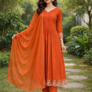 KCH0069:Rust Beauty With Lace Touch Pure Cotton Kurta Suit