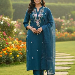 KCH0114:Vintage Teal Embroidery Cotton Suit