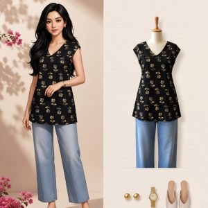 KCH0145:Noir Bloom V-Neck Top